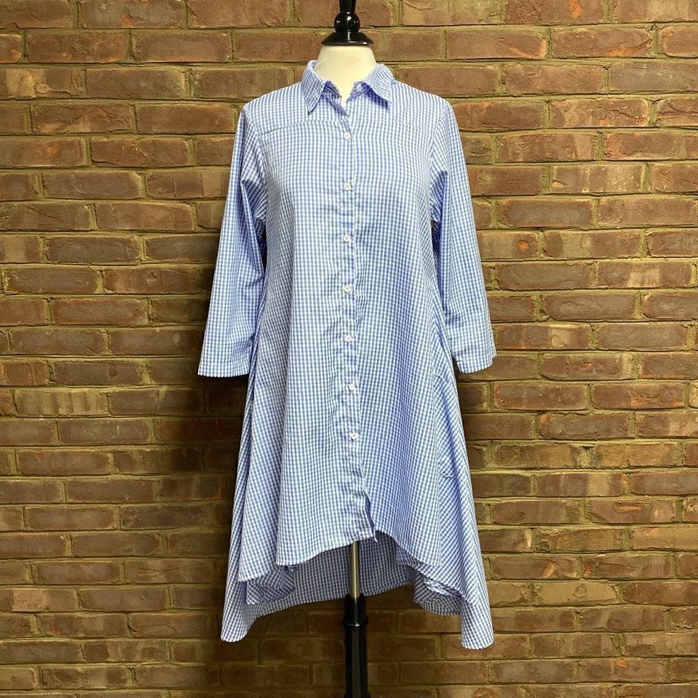 Blue Gingham Check Button Down Batwing Tunic Dres… - image 2